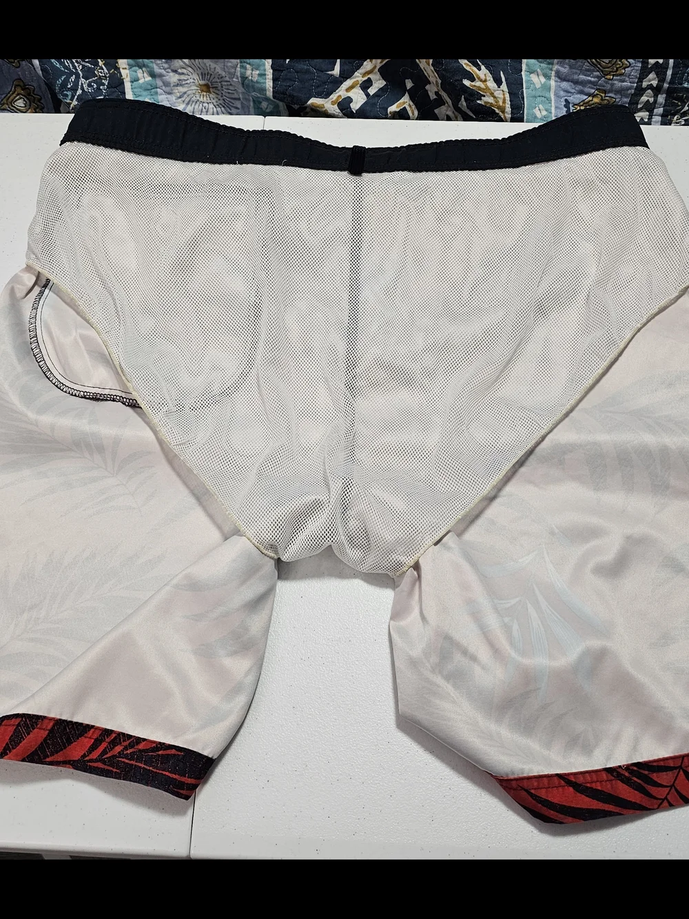 Nautica Red Swim Shorts with Black and Light Blue Tropical Leaf Print Large